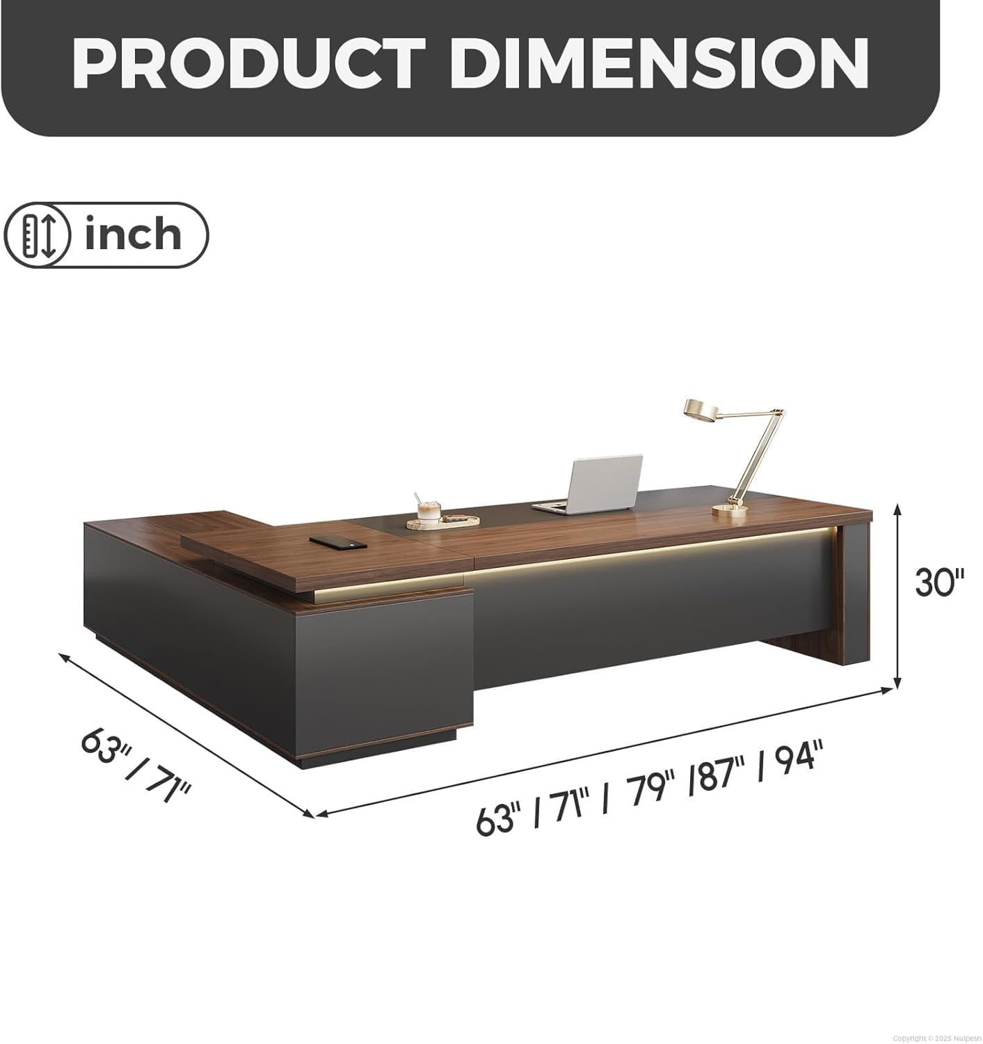 ZIMASYA Compact Reversible L Shaped Executive Desk for Manager, Home Office Desk with Power Outlet & USB Ports, LED Ambient Lighting, Storage Cabinet (Red Walnut/Graphite Gray, 95" L*71" W*30" H)