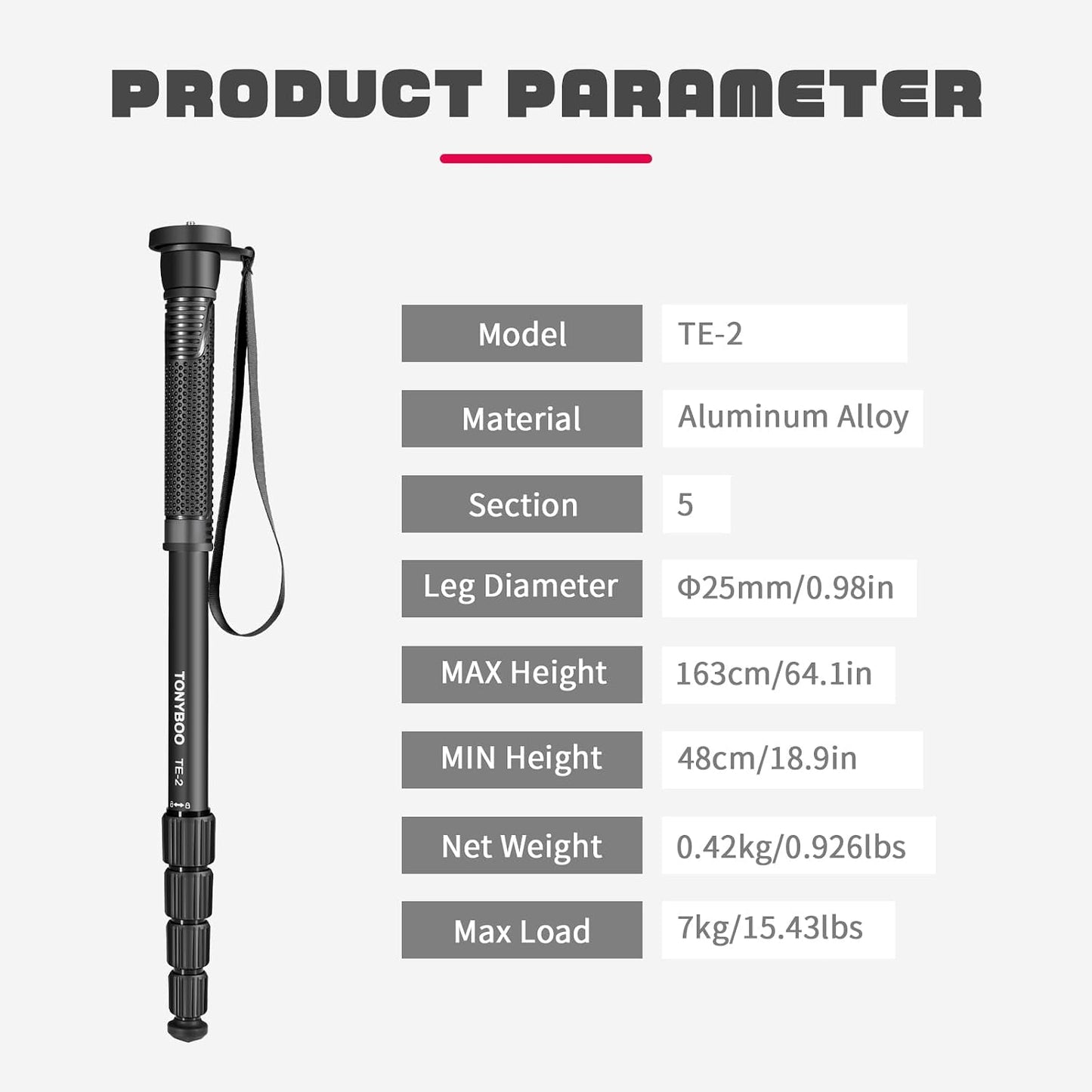 TONYBOO 65 5-Section 40 lbs TE-2 Aluminum Camera Monopod,Lightweight & Portable, Travel Monopod, Max Load