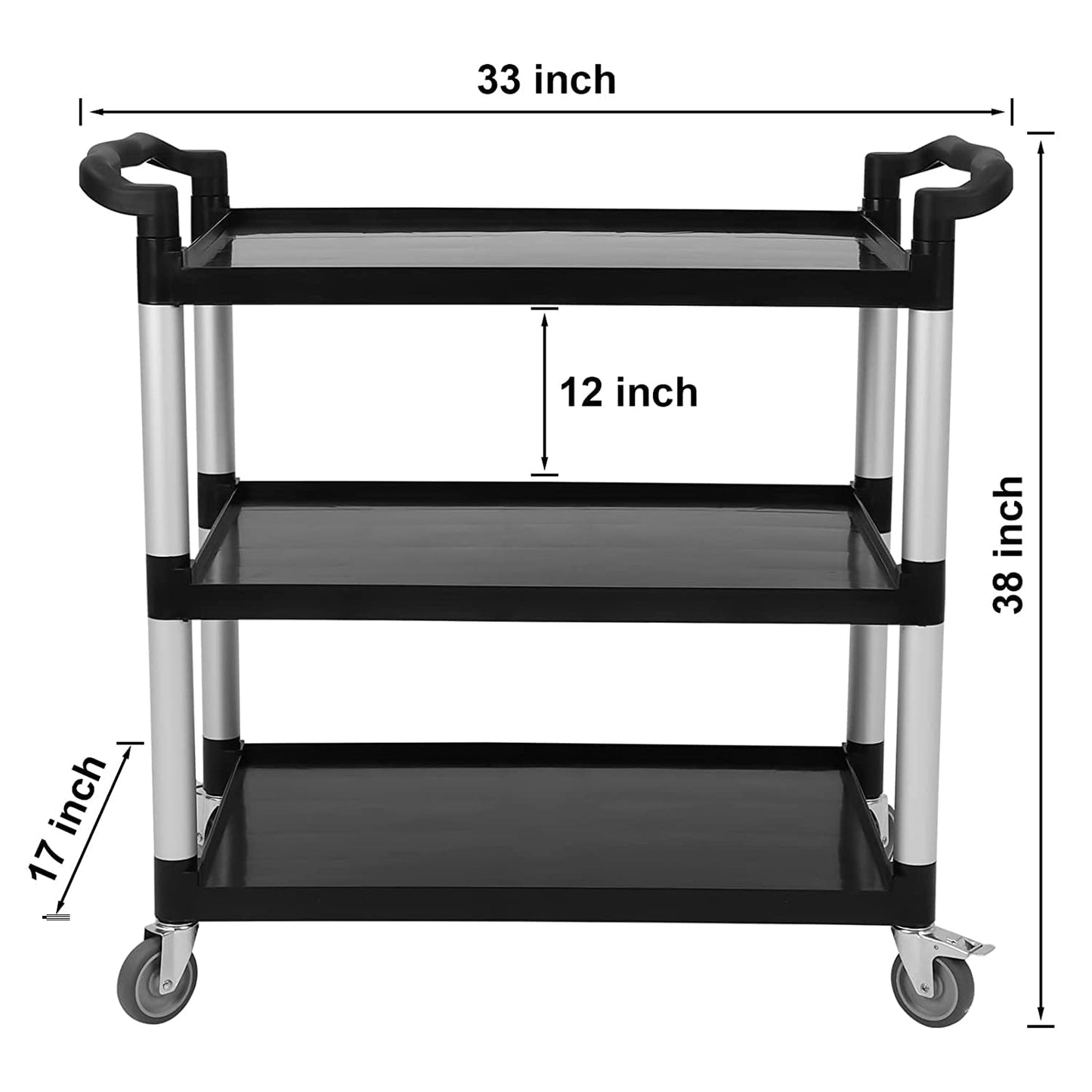 Utility Carts with Wheels, Heavy Duty 360lbs Capacity Rolling Service Cart, 3-Tier Restaurant Food Cart with Hammer for Office, Warehouse, Garage