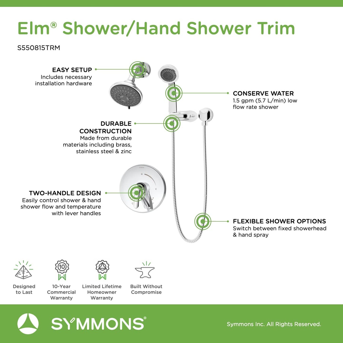 Symmons SYMS550815TRM Elm Pressure Balanced Shower System with Shower Head, Hand Shower, Shower Arm, Hose, and Valve Trim – Less Rough-In Valve Polished Chrome