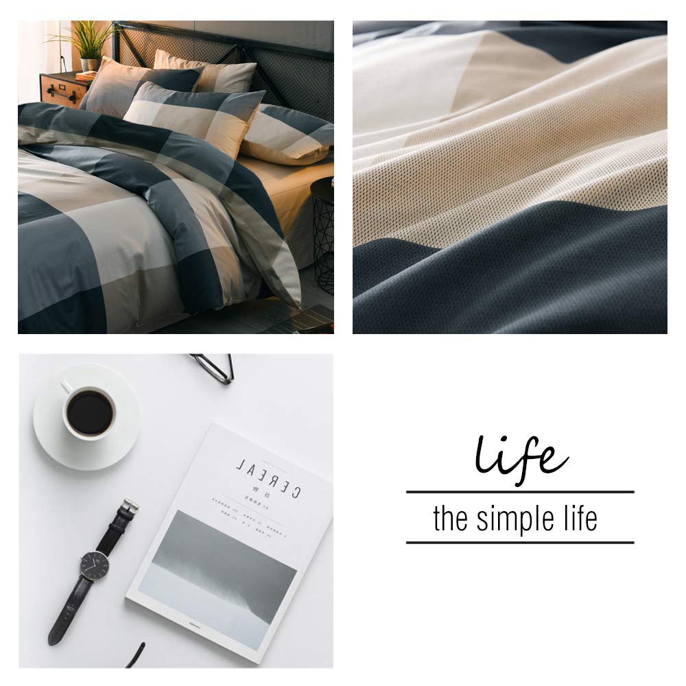 MKXI Plaid Comforter Set Queen Size, Geometric Checkered 3 Pieces Bedding Set Men Boys, Modern Style Comforter with 2 Pillow Shams All Season Soft Fluffy Bedding Set-(Tan,Dark Blue Grey,Khaki)