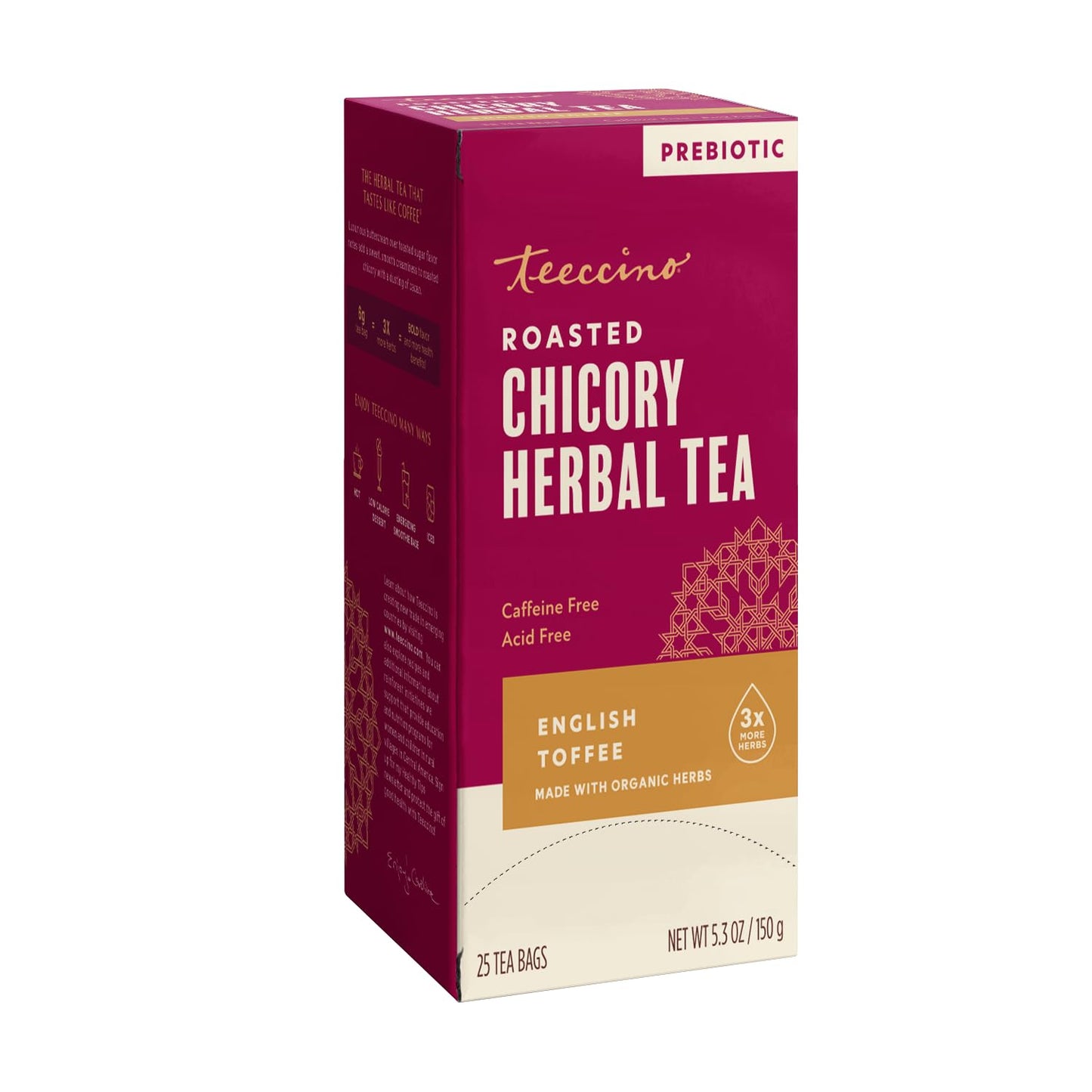 Teeccino English Toffee Herbal Tea - 25 Tea Bags - Rich & Roasted Herbal Tea That’s Caffeine Free & Prebiotic For Natural Energy & Good Digestion, 3 X More Herbs In Each Tea Bag