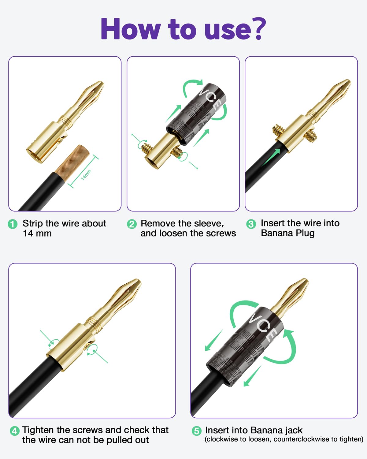 4mm 24K 12-18 Theater(12 (24 VCELINK Banana Plugs, Speaker Wire Connectors, Gold Plated Dual-Screw Type for AWG Wire