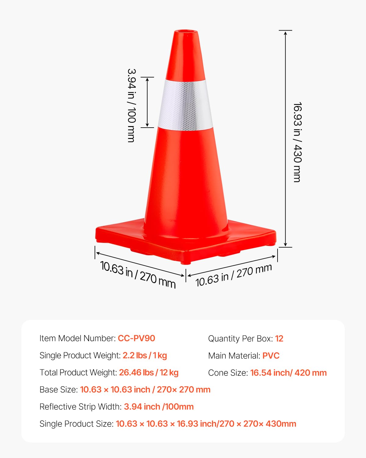 VEVOR 12Pack 18" Traffic Cones, Safety Road Parking Cones PVC Base, Orange Traffic Cone with Reflective Collars, Hazard Construction Cones for Home Traffic Parking
