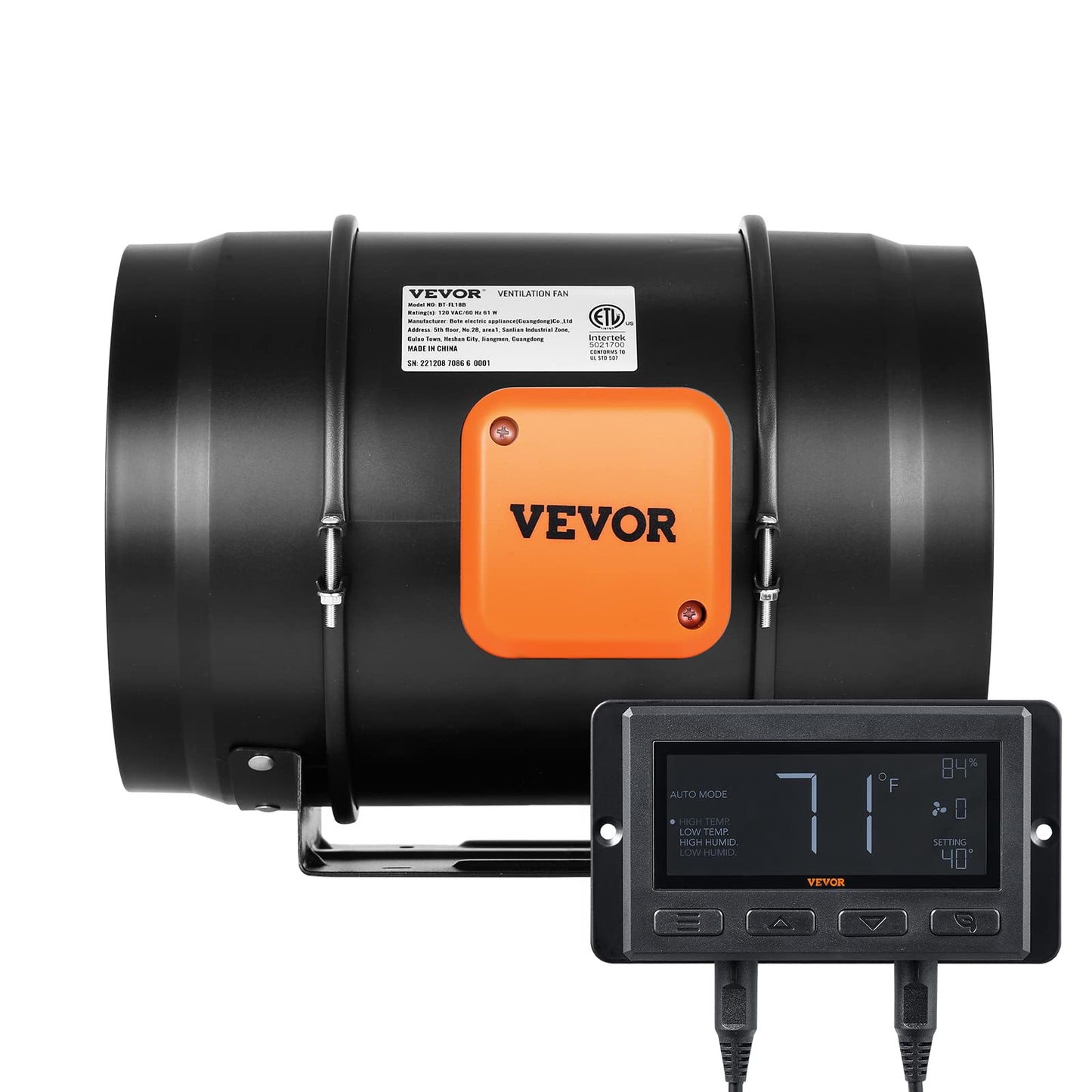 VEVOR Inline Duct Fan, 8-Inch 807 CFM with Temperature Humidity Controller, Quiet EC-Motor Ventilation Exhaust Fan for Cooling Booster, Grow Tents, Hydroponics