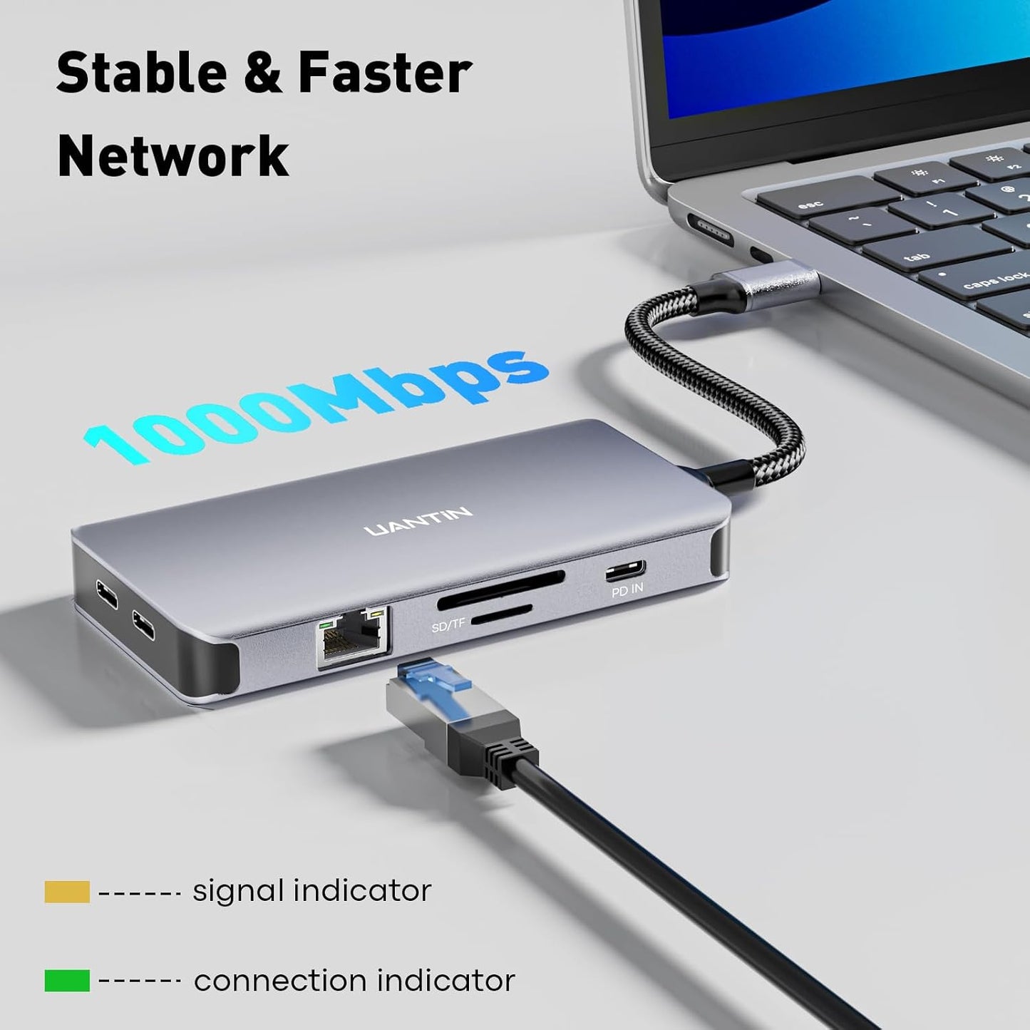 UANTIN 3 4K 60Hz 2 1Gbps 100W 2 USB C Docking Station Dual Monitor, Laptop Docking Station Monitors Triple Display