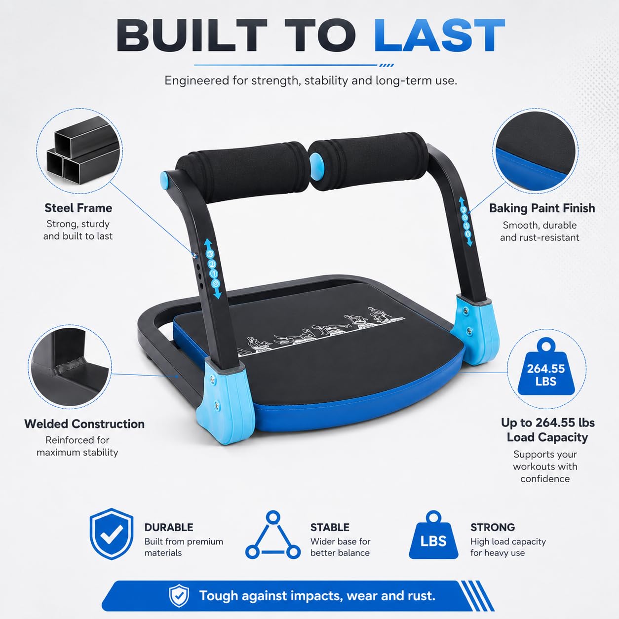 Ab Machine, Ab Workout Equipment with 3 Adjustable Resistance, Sit Up Machine & Exercise Equipment, Foldable Ab Crunch Machine for Home Gym, Modern Style, Blue and Black