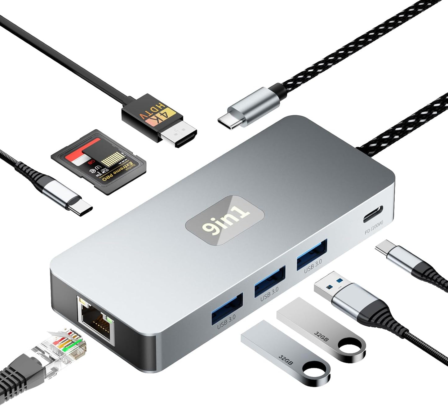 Aplimln 9 1 4K@60HZ RJ45 3 3.0 100W, USB C Hub, in USB C to HDMI Multiport Adapter, Gigabit Ethernet, USB Ports, SD/TF