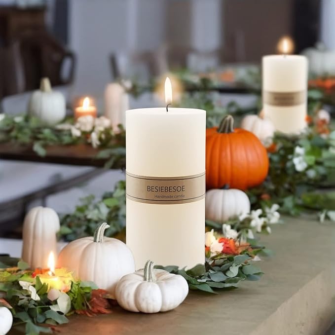 3×6 Ivory Pillar Candles Set of 6 Unscented Handpoured Weddings, Home Decoration, Restaurants, Spa, Church Smokeless Cotton Wick - Ivory 300Hour