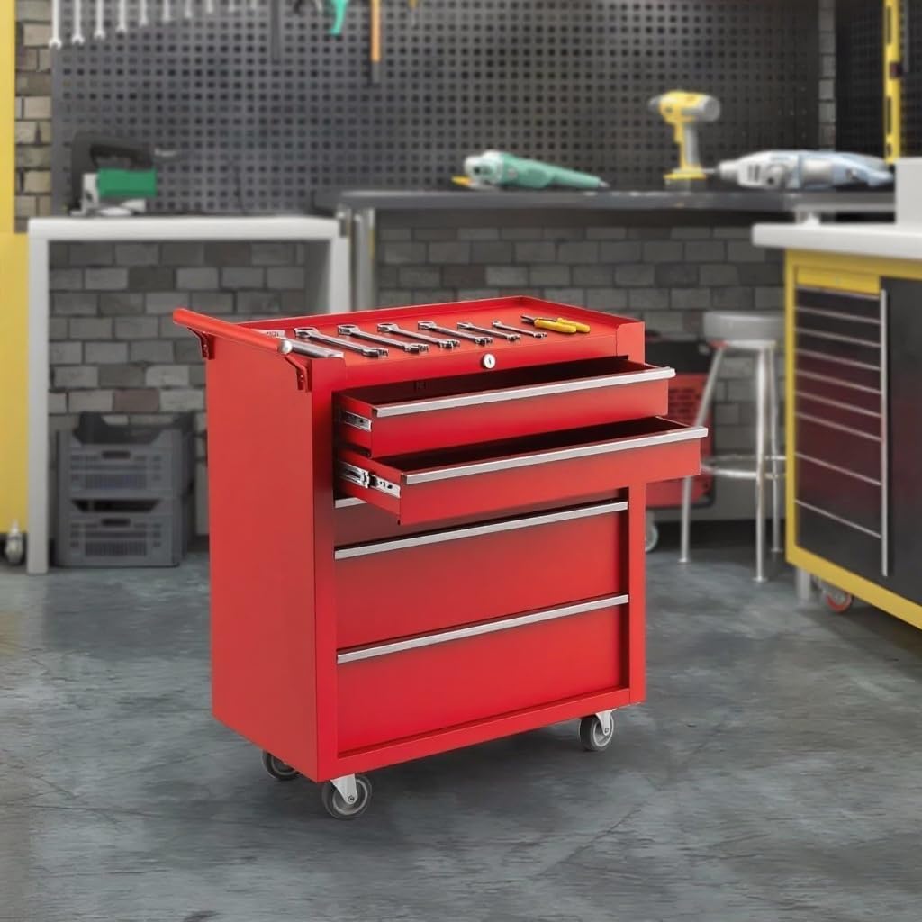 ExploreHorizon 5-Drawer Tool Chest Cabinet with Wheels, Rolling Metal Tool Cart with Sliding Drawers and Protective Liner,Keyed Locking System for Garage,Workshop,Repair Shop,Red