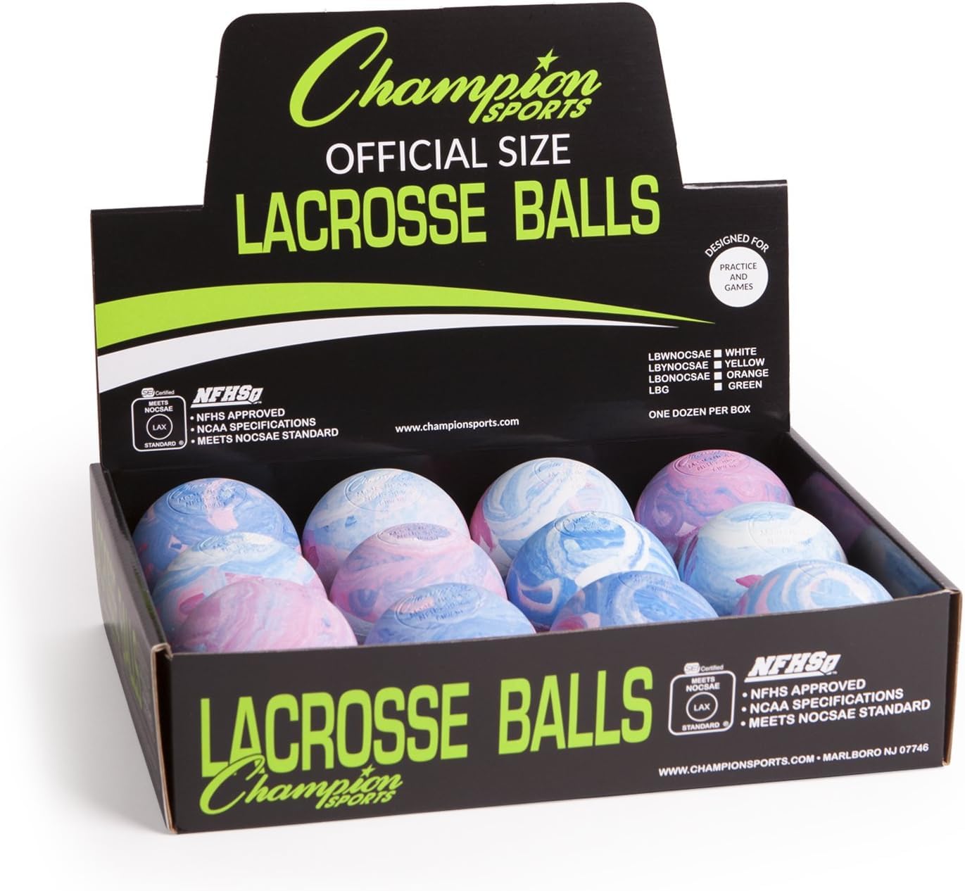 Champion Sports Lacrosse Ball Multi-Colored 12 Pack, 2-Inch, 0.38 Lbs