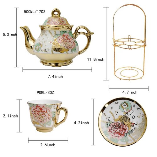 CHANJOON tea sets Gold Plated Red Rose Ceramic Tea Set, Vintage Teapot Tea Sets Beautiful Tea Set Coffee Serving 6 People (Golden, Medium)