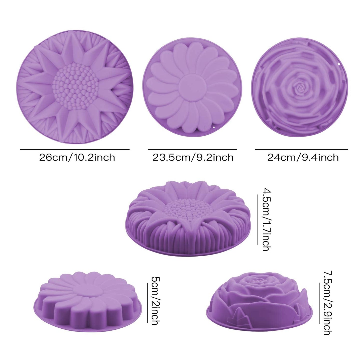 Coobbar Silicone Baking Molds,3 Pack Non-stick Flower Shape Silicone Cakes Pan Bread Pie Flan Tart Jello Molds,Reusable Food-Grade Large Flower Baking Trays