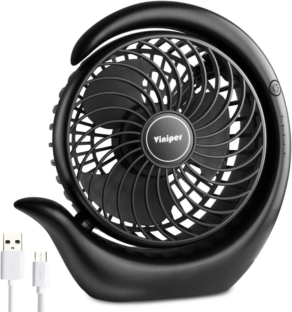 Viniper Portable Rechargeable Fan - 3 Speed Battery Desk Fan with 180° Rotation | 6.2 Inch, Black