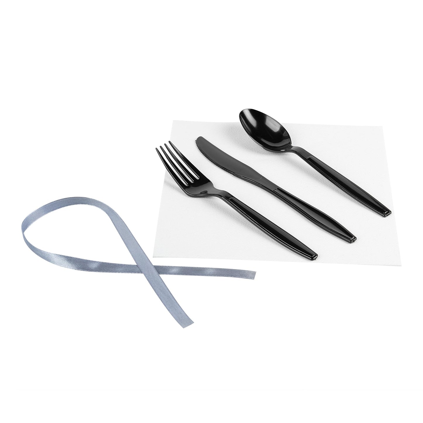 Restaurantware-7.3 Inch x 2 Inch Plastic Cutlery Sets, 100 Plastic Flatware Sets - Silver Ribbon, With White Napkin, Indivudally Wrapped, Black Plastic Disposable Cutlery Sets, For Weddings And Events