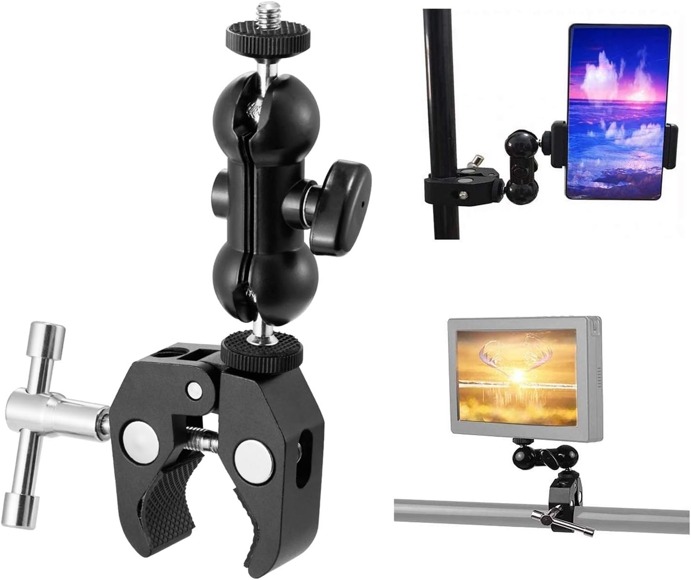 WANBY 1/4" 3/8" Double Ballhead Magic Arm Camera Clamp Mount Monitor Mount Bracket with Super Clamp with and Thread