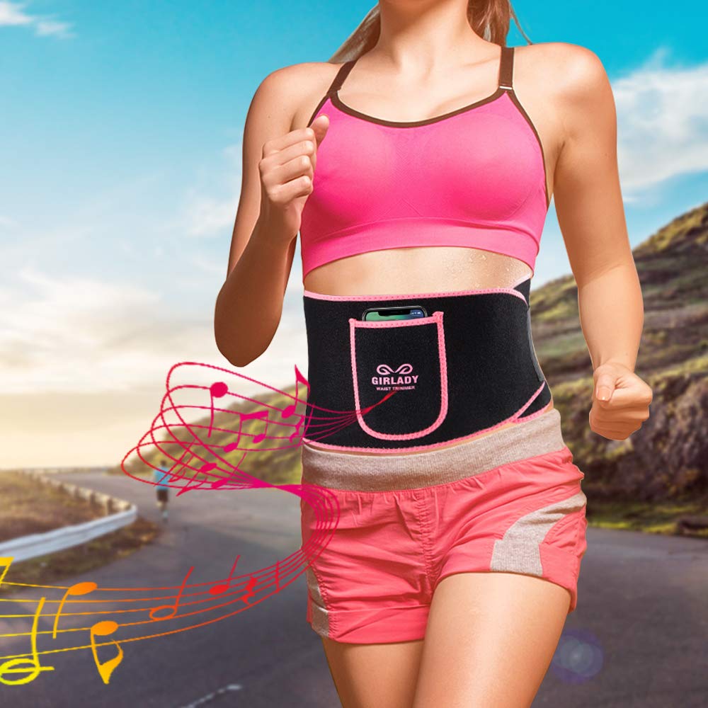 GIRLADY Stomach Sweat Band for Women - Sweat Waist Trimmer Belt Workout Waist Trainer Neoprene ab Wrap with Pocket Pink, Large