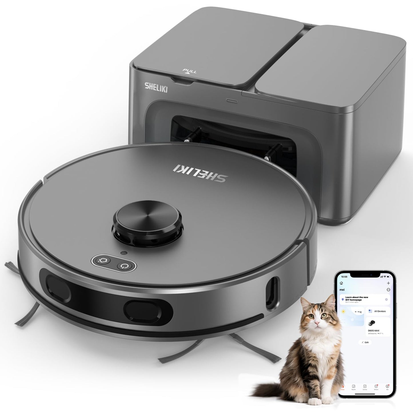SHELIKI Robot Vacuum with 70 Day Self Emptying Base, 3-in-1 Robotic Vacuums Cleaner, LiDAR Navigation Smart Mapping & Strong 6000Pa Suction, for Pet Hair, Hard Floor, Carpet