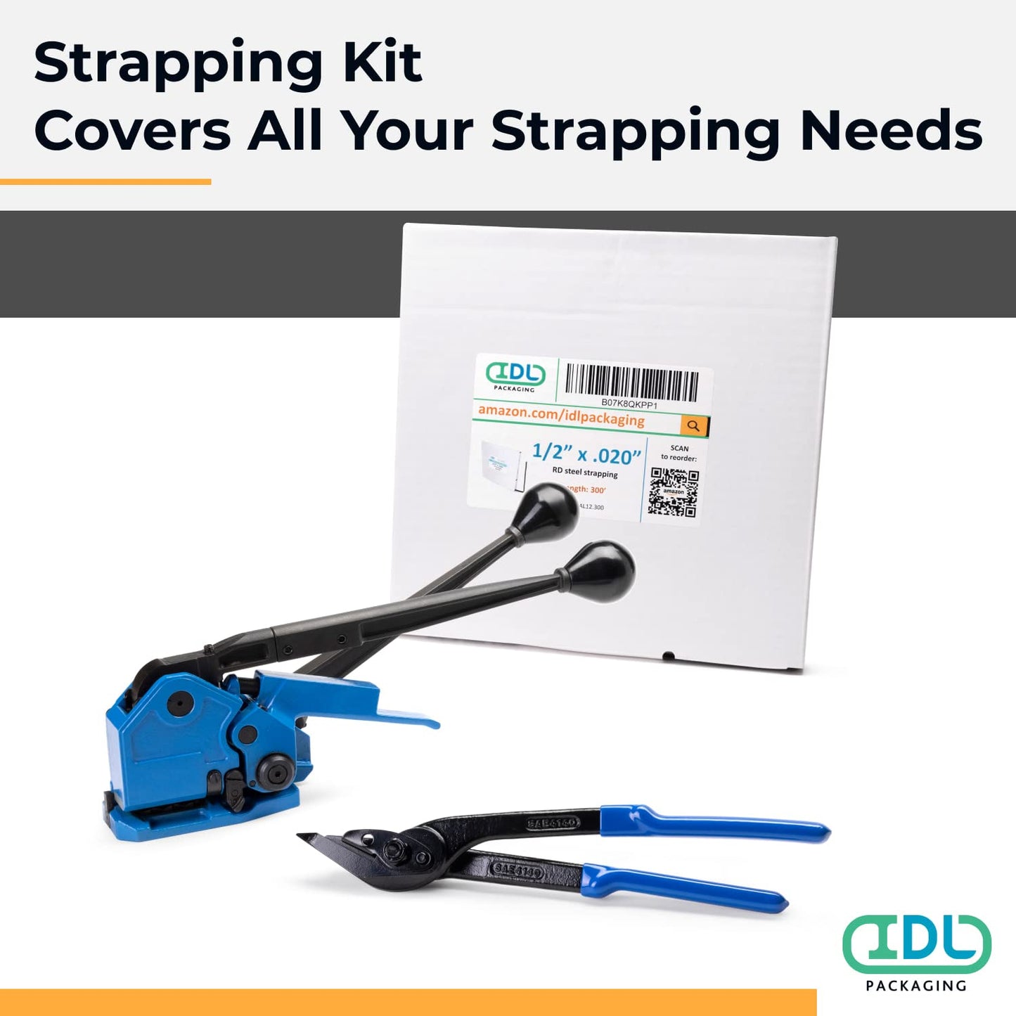 IDL Packaging PRO 1/2" x 300' Steel Strapping Kit, 1100 lbs Break Strength – with Innovative IDL-17-12 Combination Tool, No Seals Required – Complete Packaging Strapping Solution