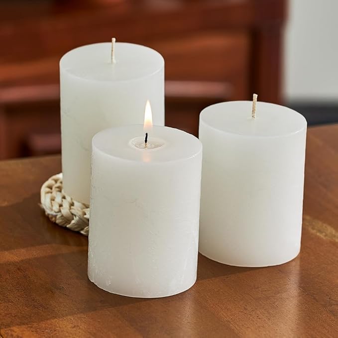 Simply Soson 3x4 inch White Pillar Candles Set of 3, Rustic Texture, Unscented White Candles, Dripless Candles, 3 inch Pillar Candles Ideal as Wedding, Parties, Spas, Dinner, Home Decoration, Church