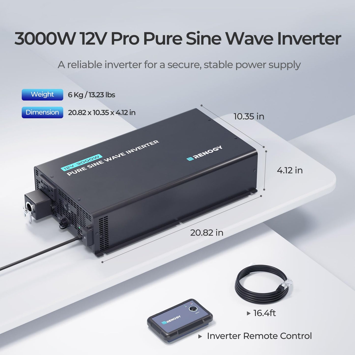 Renogy Inverter 3000W Pure Sine Wave Inverter, 12V to 110V Solar Car Power Inverter, Pre-Charging Function, Ecosleep Mode, Built-in Bluetooth, Remote Controller, THD < 2%, for Truck, RV, Camping