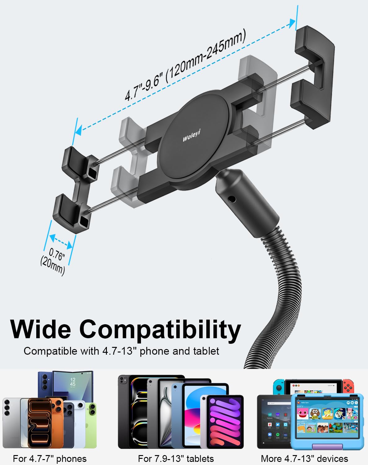 Gooseneck Tablet Holder for Wheelchair/Stroller/Golf Cart/Boat/Mic stand/Indoor Cycling Bike/Gym Bicycle Handlebar Clamp, Compatible with 4.7-13" iPad Pro/Air/Mini, iPhone, Galaxy, Fire HD, E-book