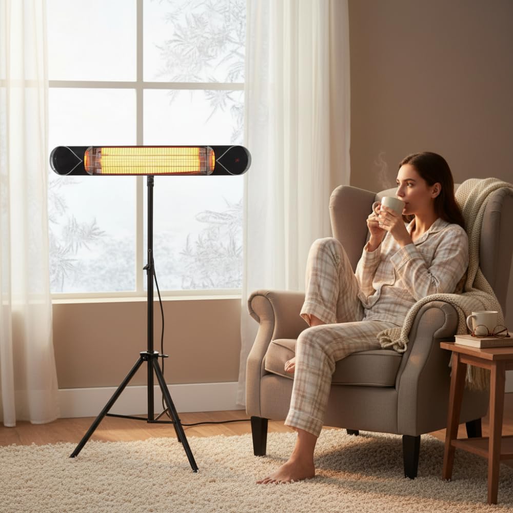iQ Heat Wave 1500W Carbon Infrared Heater - Indoor/Outdoor Weatherproof Electric Heater with Tripod Stand and Remote - Experience Next-Level, Efficient Heating