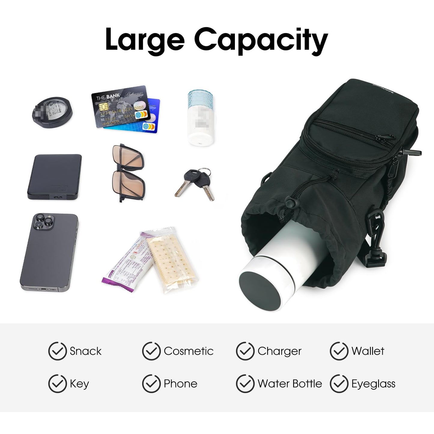 sportsnew Water Bottle Holder with Strap 32oz 40oz Crossbody Insulated Cup Sleeve Water Bottle Carrier Sling Bag with Phone Pocket Pouch for Walking Hiking Travelling, Black