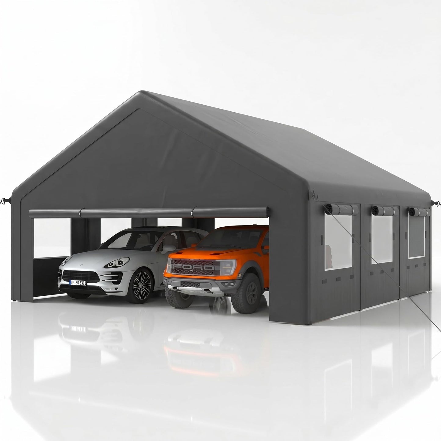 MNLR 20x20 FT Heavy Duty 2 Car Carport Canopy, Outdoor Portable Garage Shelter with 6 Mesh Windows, Removable Sidewalls, Galvanized Steel Frame, Waterproof UV Resistant Car Canopy Tent for Boat, SUV