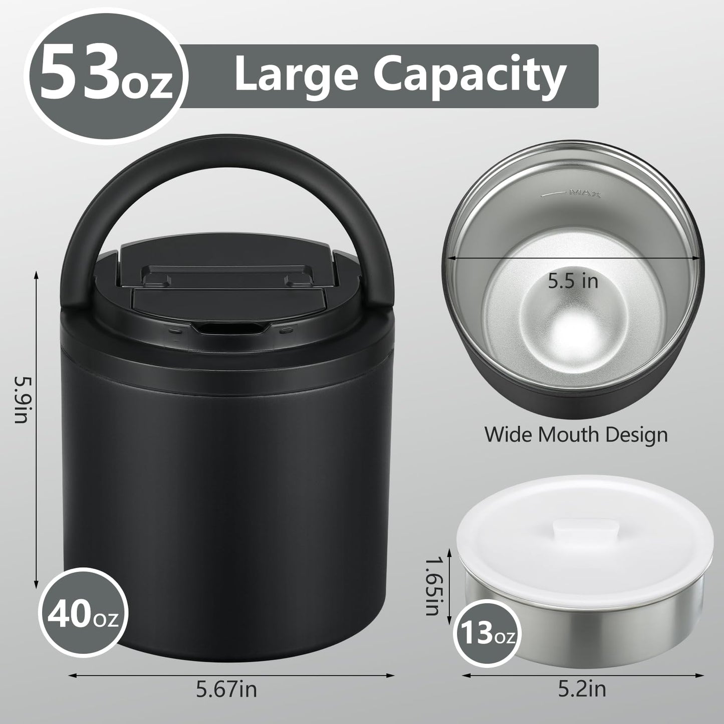 Soup Thermo for Hot Food Adults 40oz Lunch Containers Wide, Thermo Insulated Containers Leak Proof Vacuum Stainless Steel With Carry Handle and Spoon BPA Free (black)