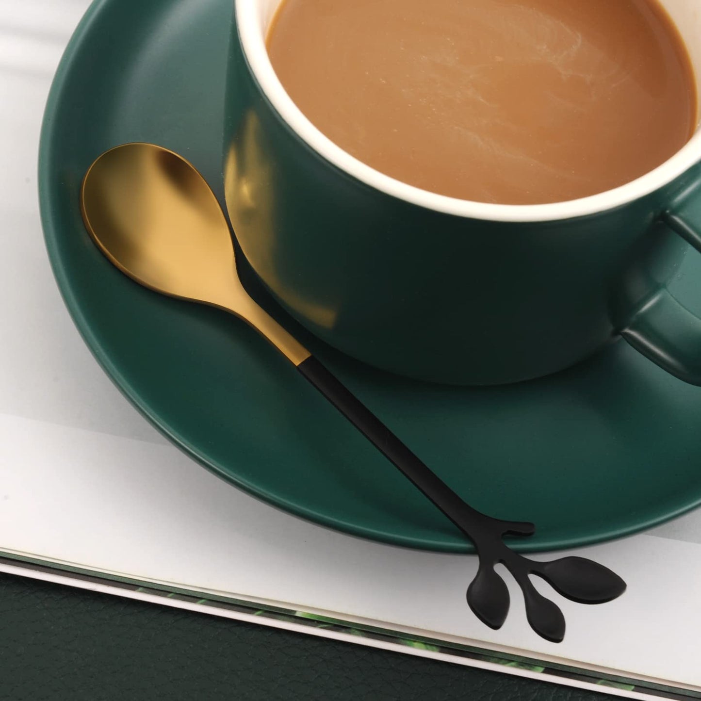 AnSaw Small Coffee Spoon Holder Set,Black Swan Base With 10 Pcs Black & Gold Demitasse Espresso Spoons Set,4.7" Mini Leaf Dessert Spoon,Stainless Steel Tea Spoons