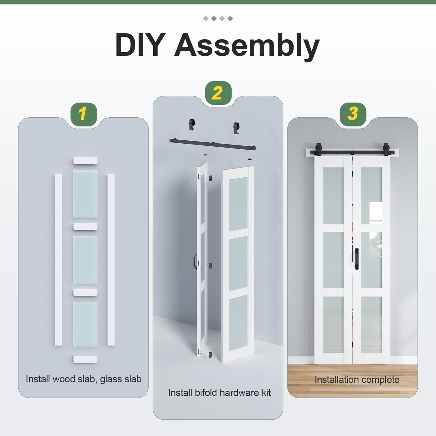ROYMELO Bifold Barn Door 60x84 Inch (Four 15x84), White Frosted Glass Bifolding Doors with 68" Hardware Kit Included, Closet Sliding Wood Panel Slab, Save Space, Simple DIY Assembly