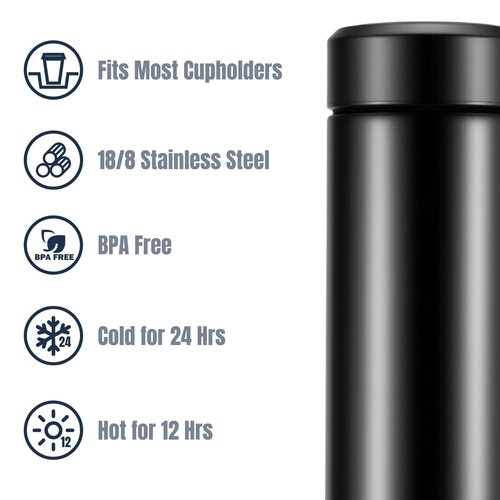 15 oz Stainless Steel Water Bottles, Slim Water Bottle, Water Bottle, Insulated Water Bottle Keep Hot for 12 Hrs, Cold for 24 Hrs for Coffee, Drinks(Black)