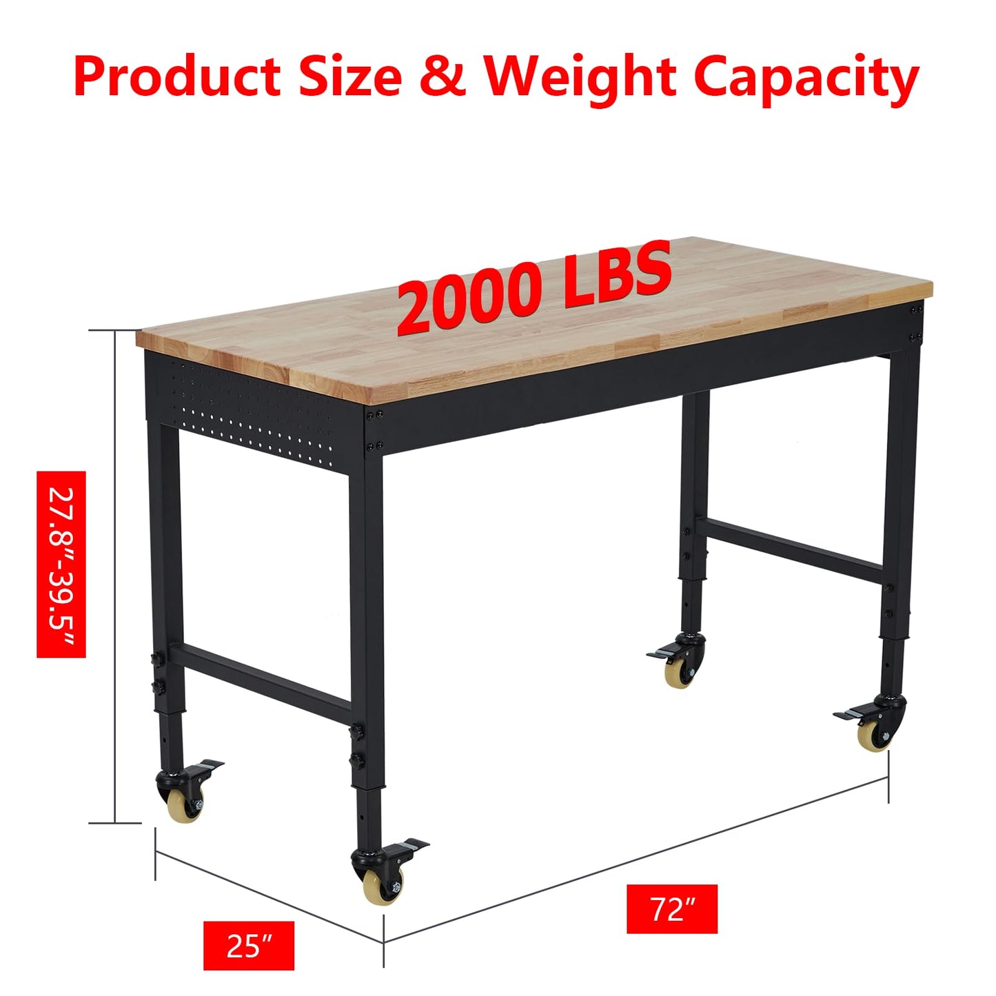 Garvee 72 x 25 Inch Adjustable Workbench, Heavy-Duty Workbench with a 2000 lb Load Capacity, Metal Frame with Power Outlets & Casters, Rubberwood Top Workbench for Workshops, Garages