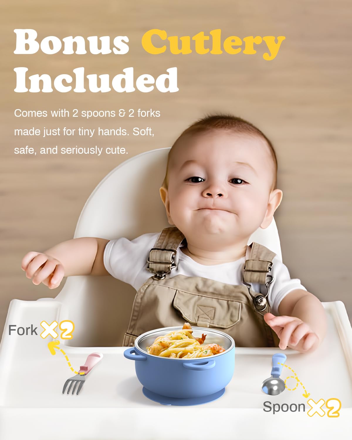 Bakpoco Toddler Feeding Suction Bowls and Utensils Set, 2-in-1 Stainless Steel 304 Kids Bowl & Silicone Suction Baby Bowl with Spoons and Forks, First Self-feeding Training Set, Sunrise Meadow