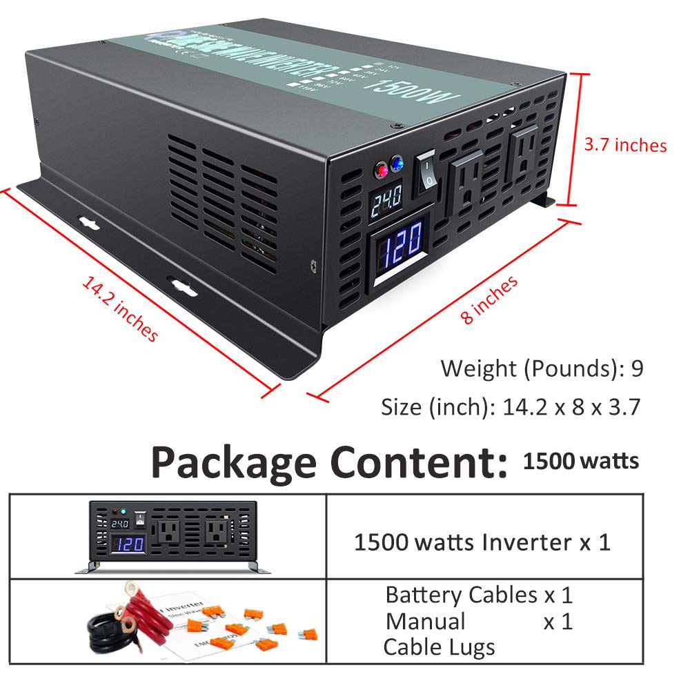 WZRELB 1500W 24V 120V Pure Sine Wave Solar Power Inverter With Remote Control Switch
