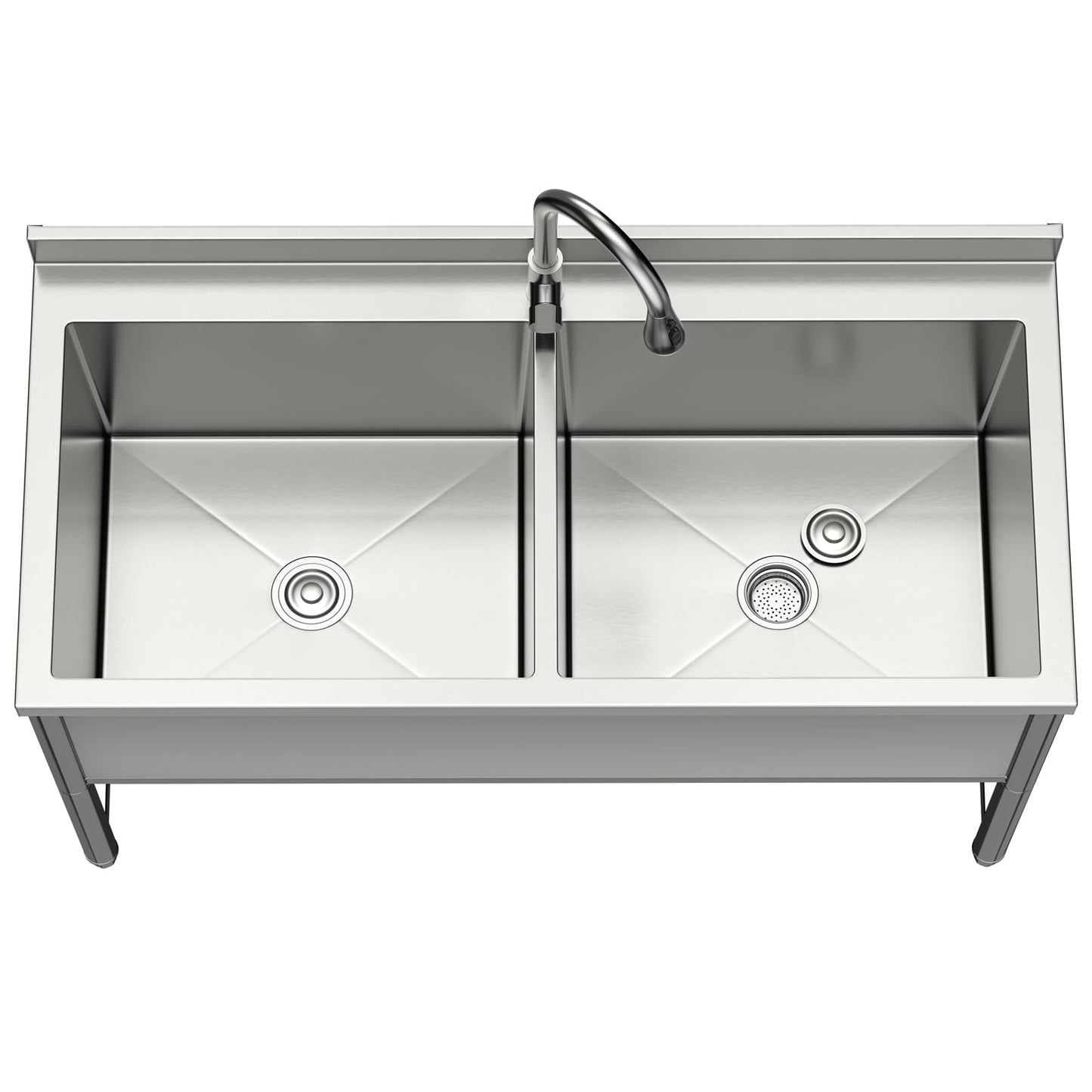 47" Stainless Steel Commercial Sink 2 Bowl Freestanding Kitchen Sink with Pull-out Faucet, Large Utility Sink for Kitchen, Dishwashing, Thawing, Laundry Room, Garage, Outdoor, Total Capacity 50 Gallon