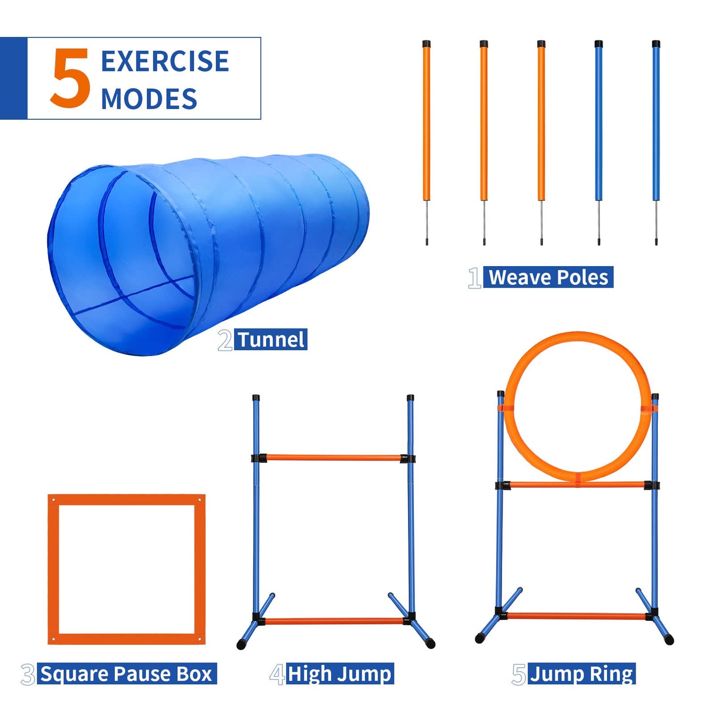 JMMPOO Dog Agility Training Equipment, 60-piece Dog Obstacle Course Training Starter Kit Pet Outdoor Game with Tunnel, Agility Hurdle, Weave Poles, Jump Ring, Pause Box, Toy Balls and Storage Bag