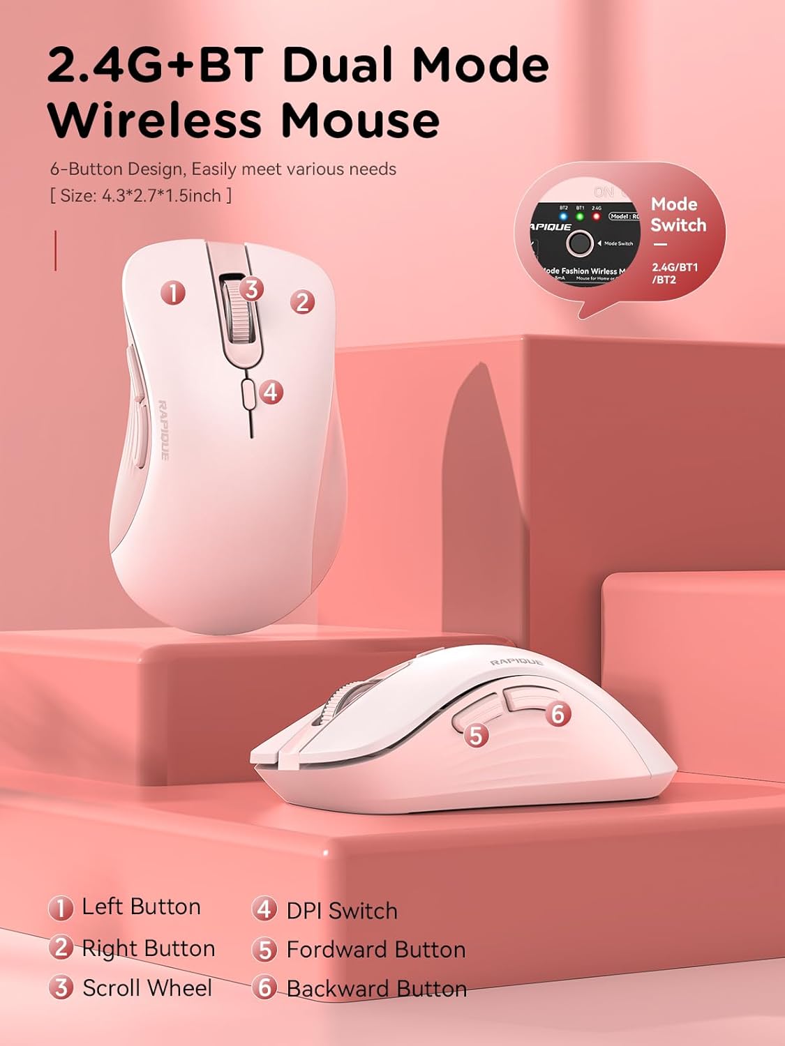 RAPIQUE 2.4 Bluetooth Wireless Mouse - Dual Bluetooth & GHz USB Receiver, Ergonomic Design, Quiet Clicks, Low Power