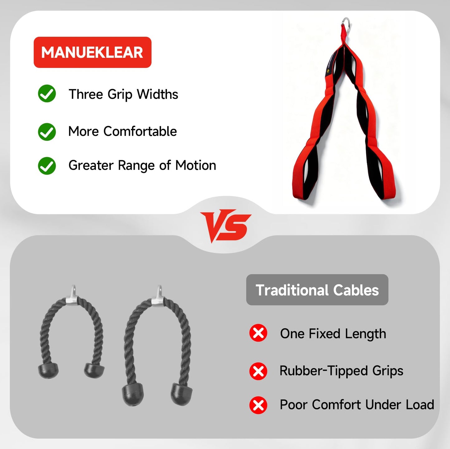 MANUEKLEAR Tricep Rope Cable Attachment Handles, Greater Range of Motion, Tricep Pull Down Rope for Push Downs, Crunches, Facepulls for Professional Gym (Red)