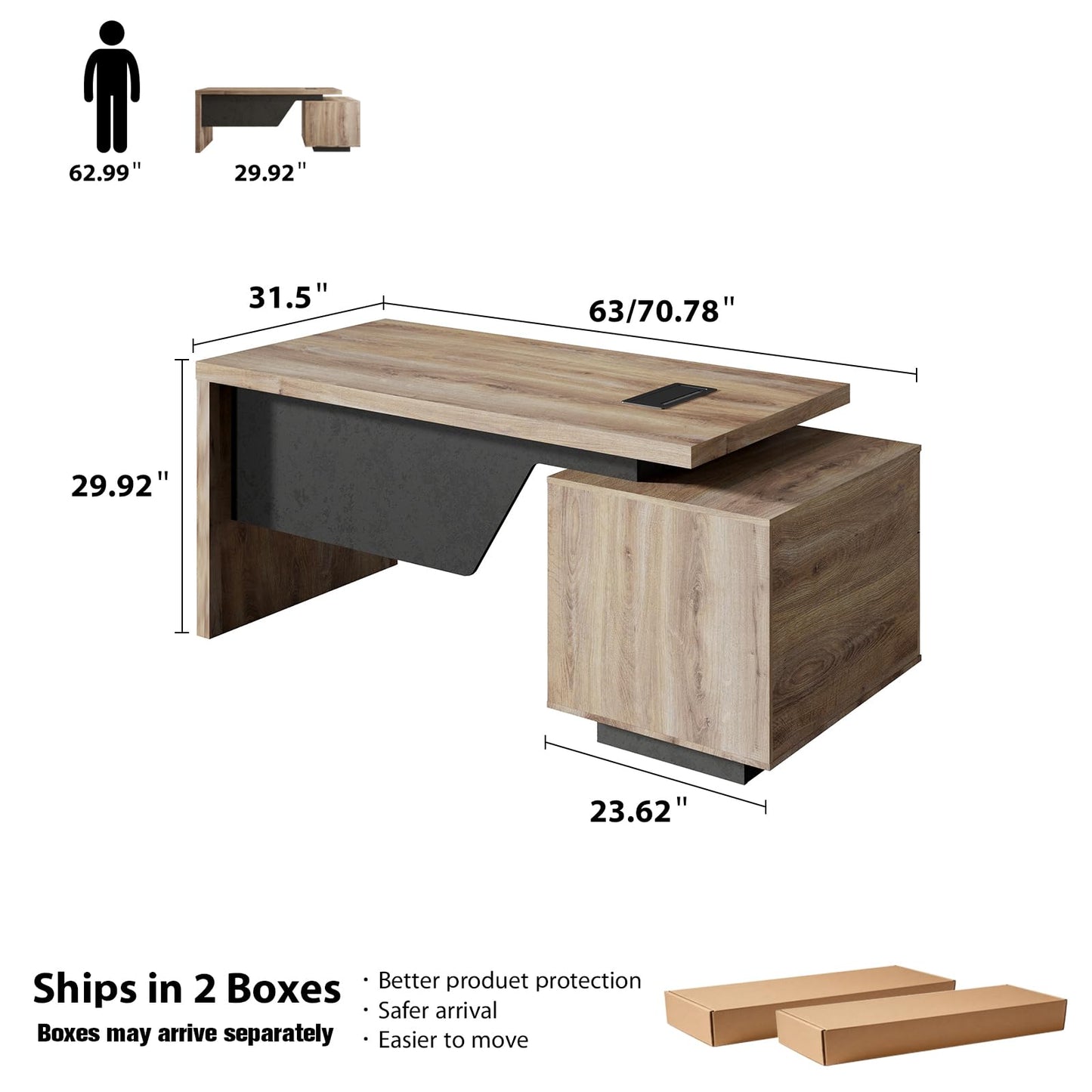 GT BLACK TURNSTONE Large Executive Desk 62.99" or 70.87", Modern Home Office Desk with 2 Drawers & Cable Management, Dual-Size Design Adapts to Any Layout for Home or Business (TH-X, Left)