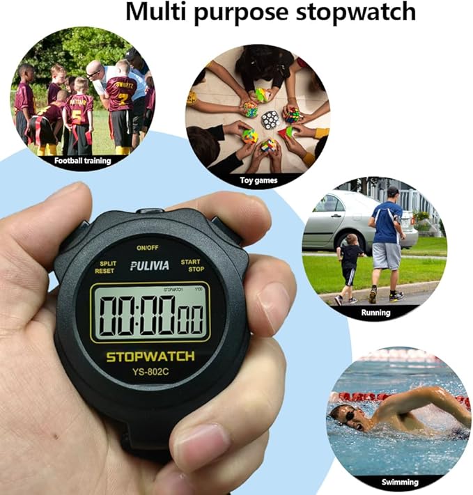 Digital Stopwatch Timer Only Stopwatch with ON/Off, NO Bell No Whistle Silent Basic Operation Children Friendly, PULIVIA Sport Stop Watch for Coaches Kids Swimming Running