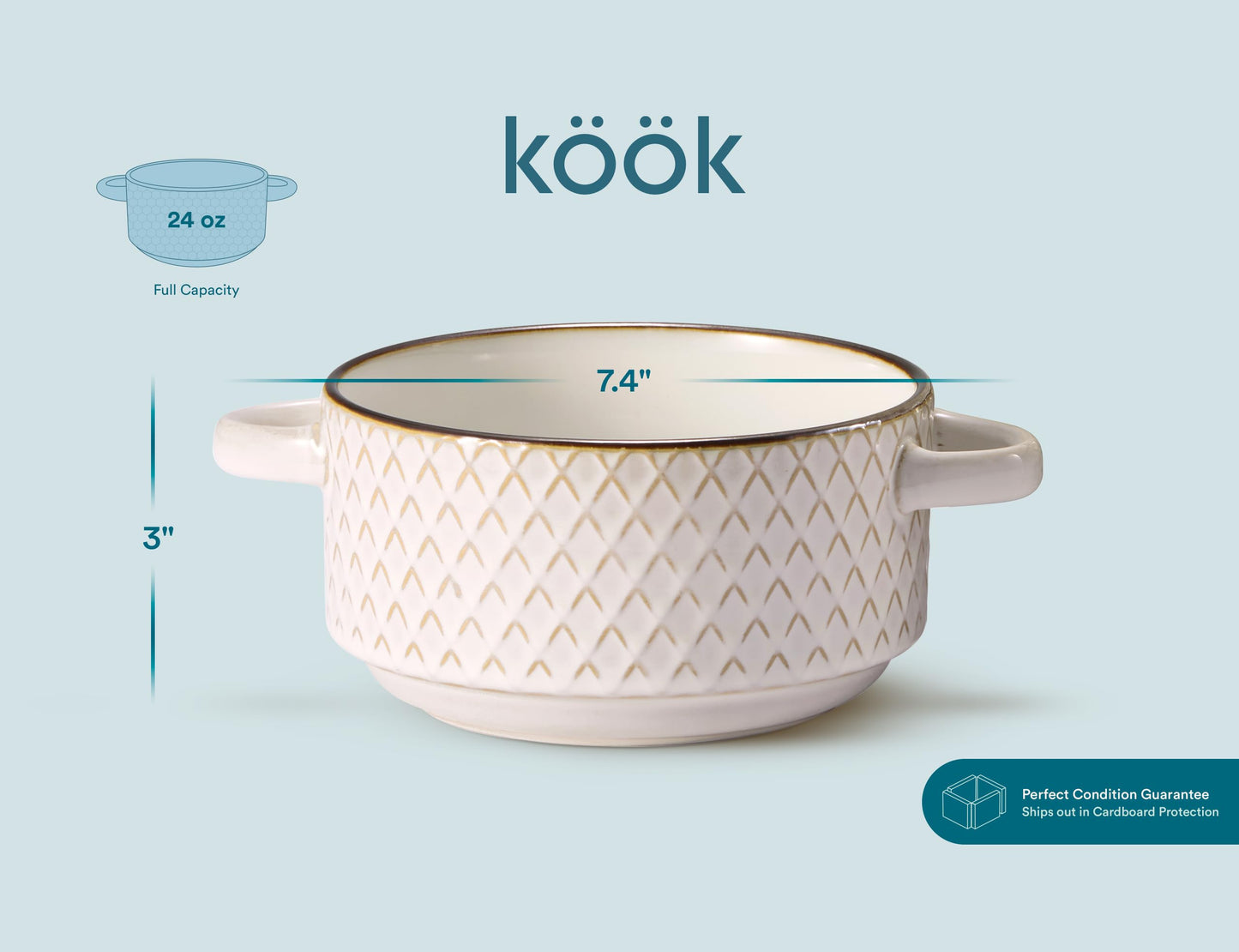KooK Ceramic Soup Bowls with Handles, Embossed, for French Onion Soup, Pastas, Ramen, Stews, Microwave & Dishwasher Safe, Ivory with Hand-Painted Rim, Set of 4, 24 oz, Narbonne Collection