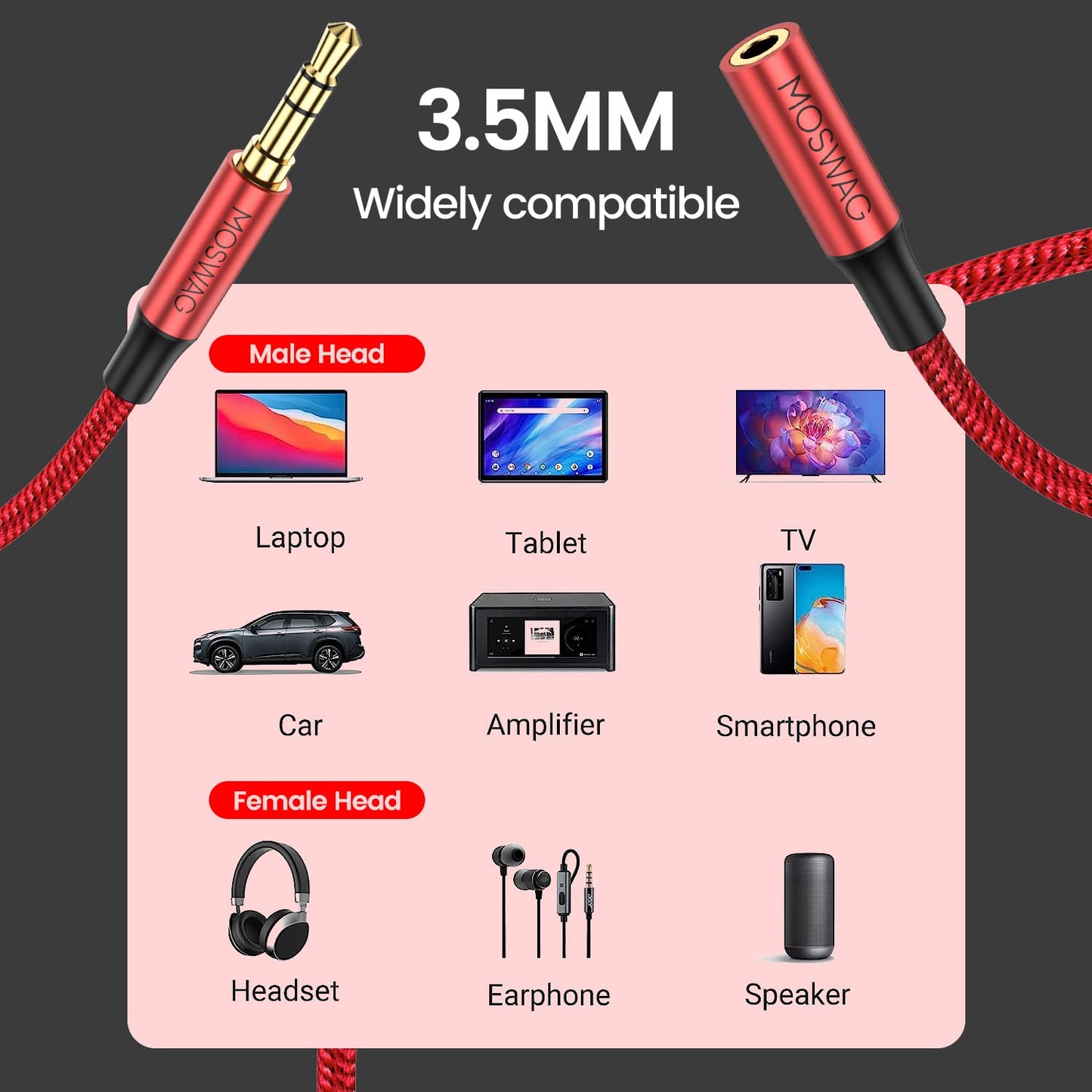 3.5mm 26.24FT/8M MOSWAG Extension Cable Audio Male to Female Stereo Extension Adapter Nylon Braided Cord Compatible