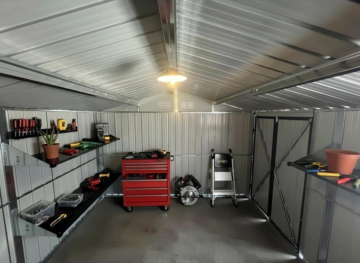 KEIKI 12x10 Ft Metal Outdoor Storage Shed Garden with Window, Foldable Worktable & Shelves, Lockable Door, Waterproof Apex Roof Heavy Duty Tool House for Backyard Garden Lawn, Brown
