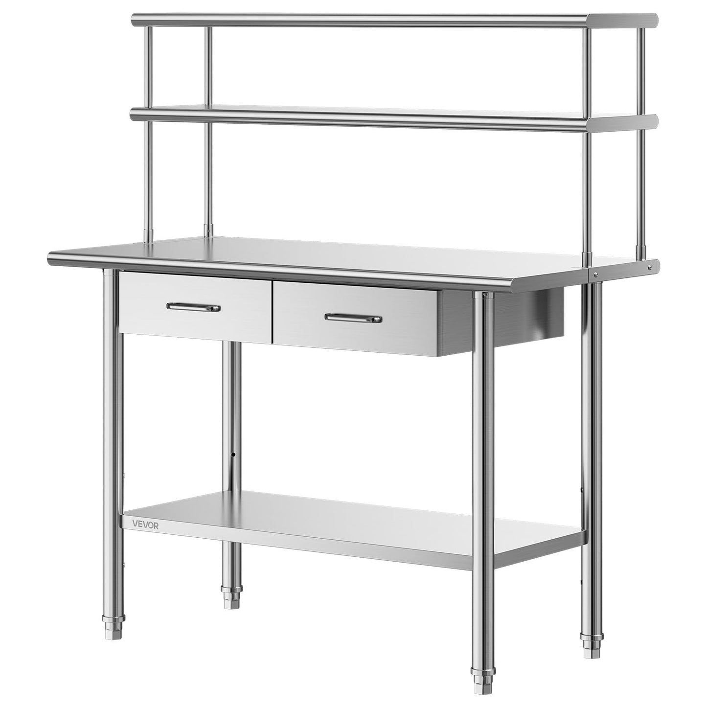 VEVOR Stainless Steel Work Table, 24x48 Inch Food Prep Table with Overshelves and 2 Drawers, Commercial Kitchen Workstation with Adjustable Undershelf, Metal Utility Worktable, for Restaurant Garage