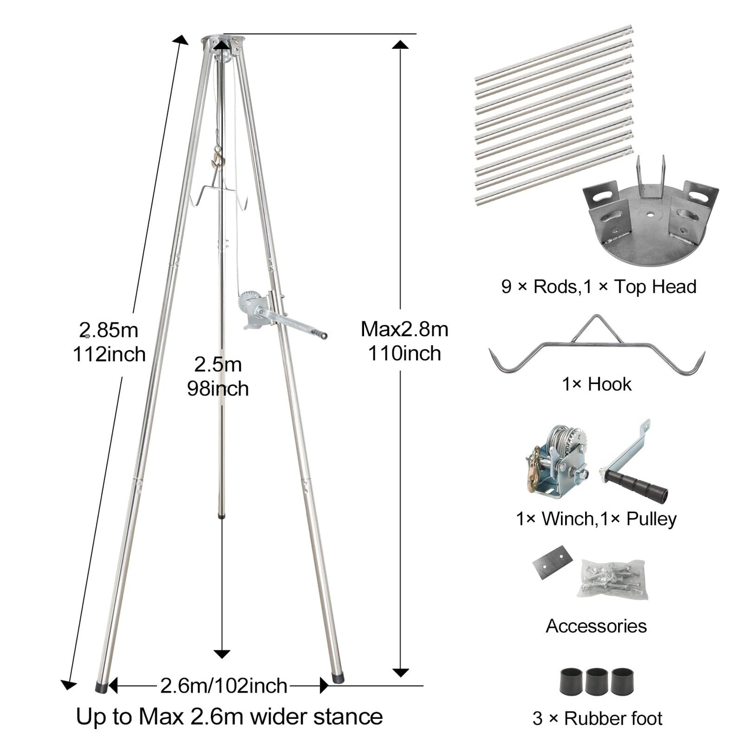 Deer Game Hoist Tripod Hanger Rack with Gambrel and Manual Winch 500 lb Capacity for Hunting, Deer Hanger for Skinning, Heavy Duty Game Hoist for Elk, Bear, Hogs, Goat, Shark, Tuna - Stainless Steel