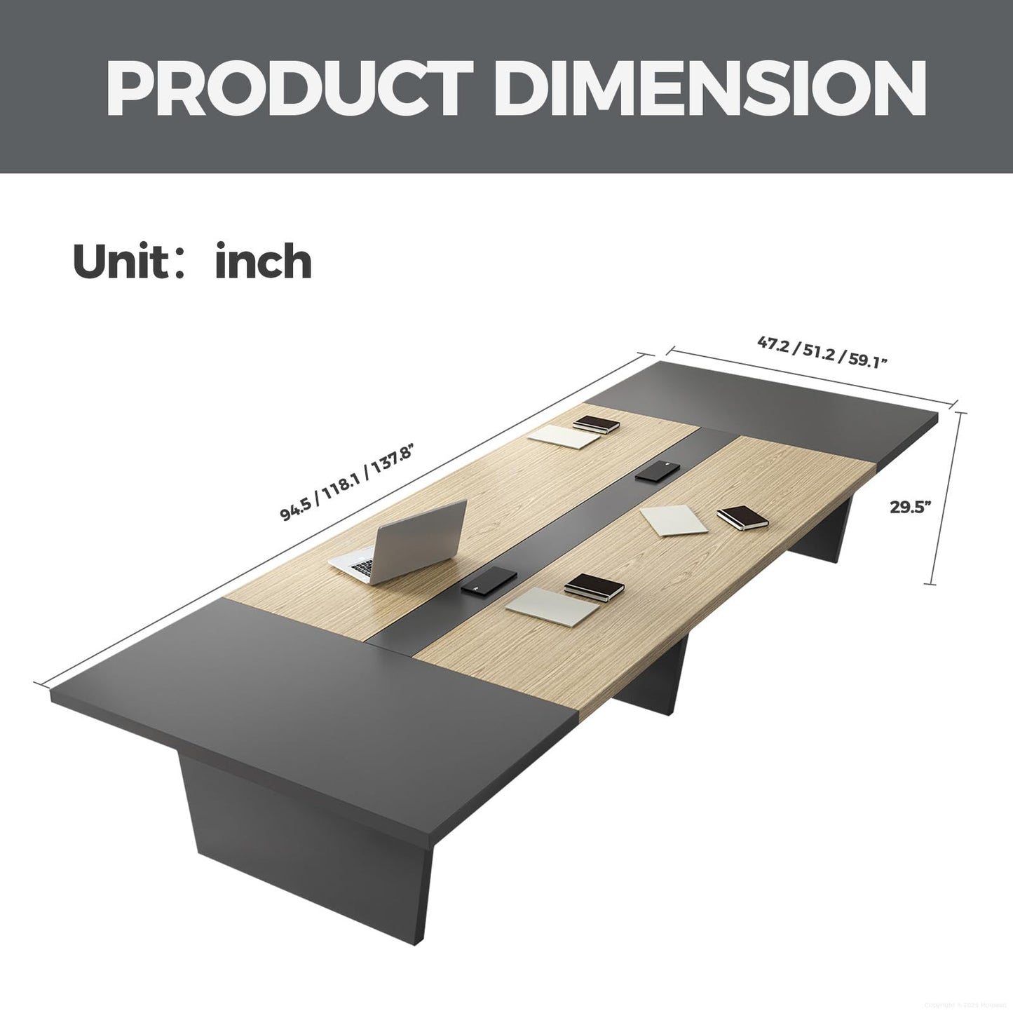 11.5 ft Conference Table for 12 People, Large Meeting Table with Built-In Power Outlet, Cable Management & 2-Inch Thickened Tabletop, Office Conference Room Table, Oak and Grey, 138"L x 59"W x 30"H