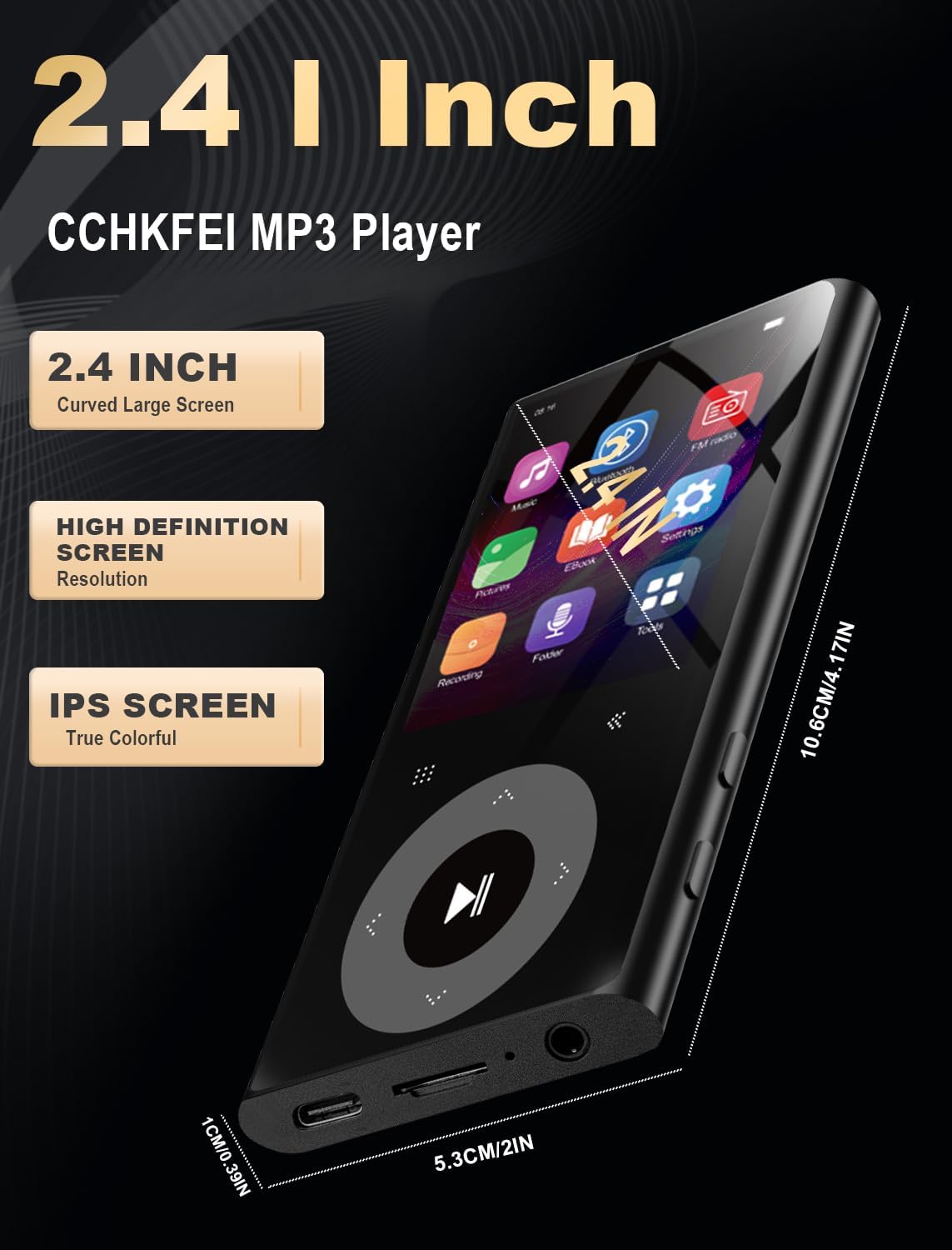 CCHKFEI 64GB MP3 2.4" MP3 MP3 128GB Player with Bluetooth Screen Hi-Fi Lossless Sound Bluetooth Player Built-in Speaker