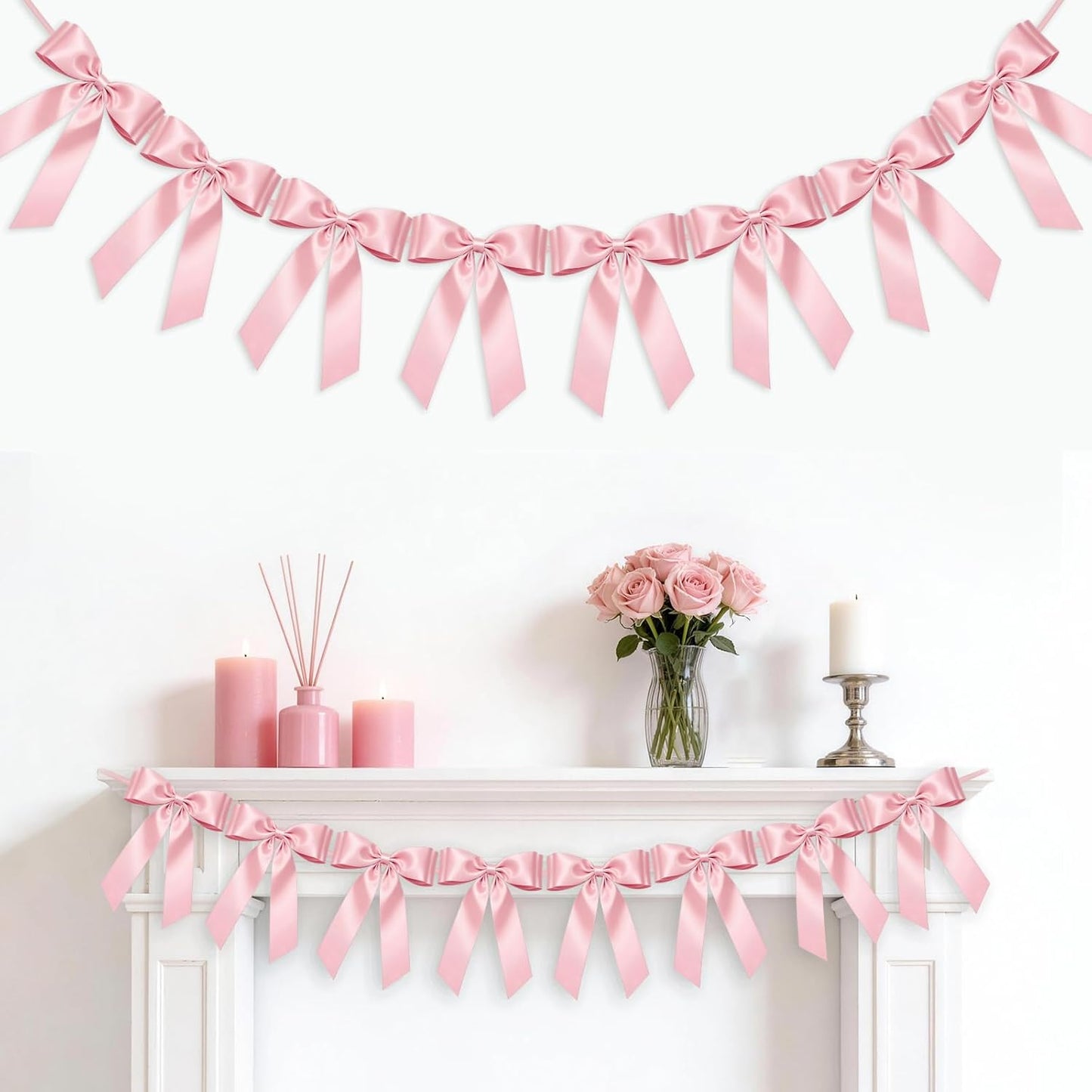 Skiennix Pink Bow Garland Banner - 8 Pre-Strung Double-Layer Satin Ribbon Bows | Valentine's Day Decor & Party Accent